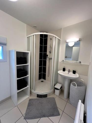 une salle de bain blanche avec une douche et un lavabo dans l'établissement Petite maison indépendante, à La Chapelle-des-Fougeretz