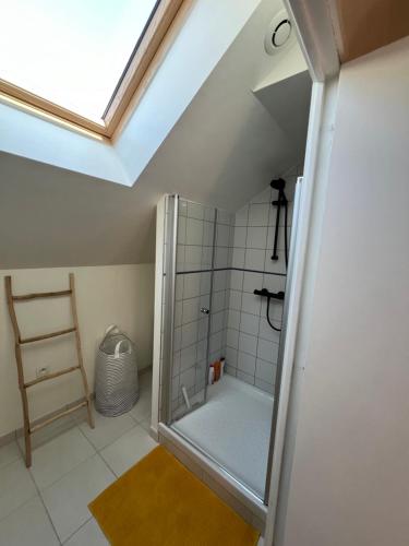 une salle de bain avec une douche avec une porte vitrée dans l'établissement Duplex hypercentre, à Dinard