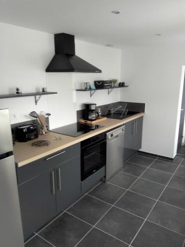 une cuisine avec des placards gris et un comptoir dans l'établissement Gite les sapins, à Friville-Escarbotin