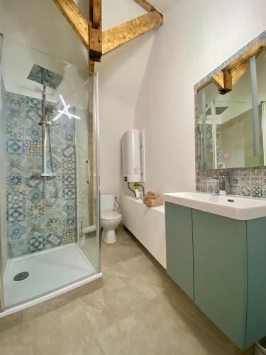 une salle de bain avec une douche, un lavabo et des toilettes dans l'établissement Appartements du 101, à Villeneuve d'Ascq