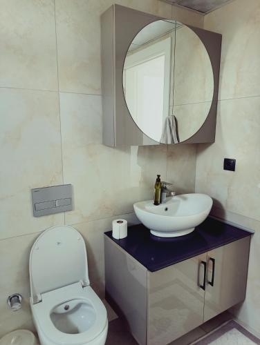 a bathroom with a toilet and a sink and a mirror at Kuzine Garden in Pamukkale