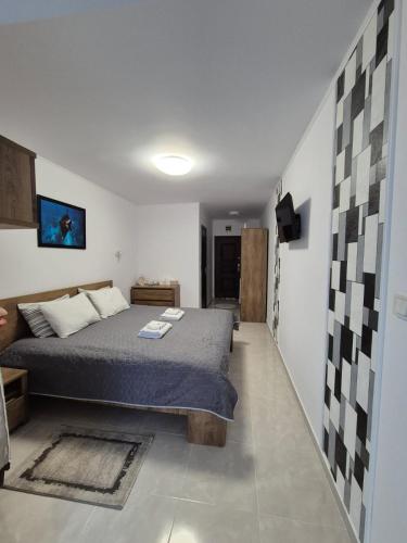 a bedroom with a bed and a tv on a wall at Studio Saturn in Saturn