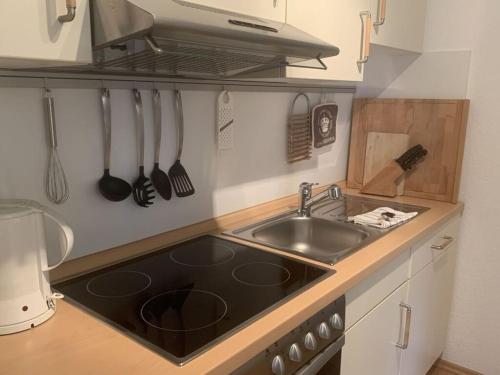 a kitchen with a sink and a counter with utensils at Watthuus Kiebitzhörn Apartment in Horumersiel