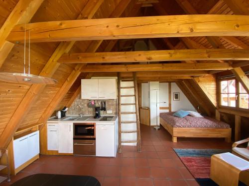 a room with a kitchen and a bed in a cabin at Traumblick Rebenmeer in Gleisweiler