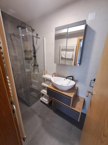 a bathroom with a sink and a shower and a mirror at TOMLJANOVIĆ in Plitvička Jezera