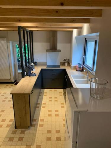 une grande cuisine avec un comptoir et un évier dans l'établissement Maison de campagne, à Saint-Daunès