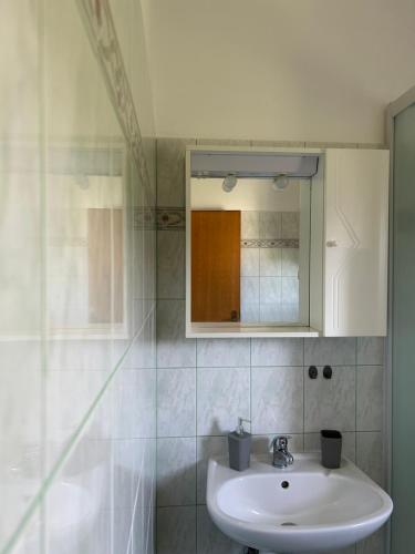 a bathroom with a sink and a mirror at Apartments Anka Brala in Posedarje