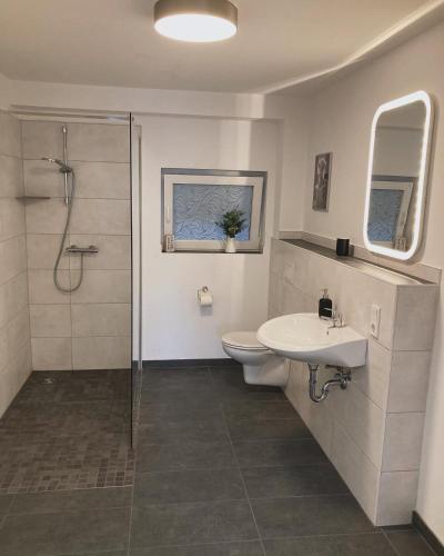 a bathroom with a toilet and a sink and a shower at Ferienwohnung Rickelhoff in Olpe