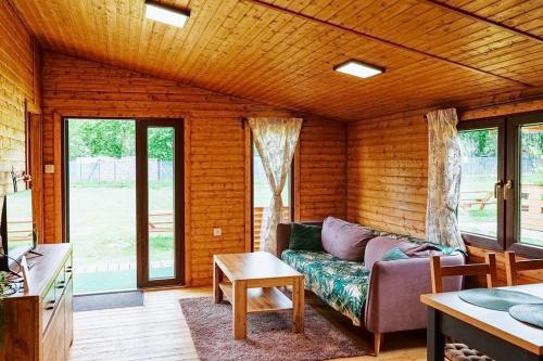 a living room with a couch and a table at Domki nad Odrą Wały in Brzeg Dolny