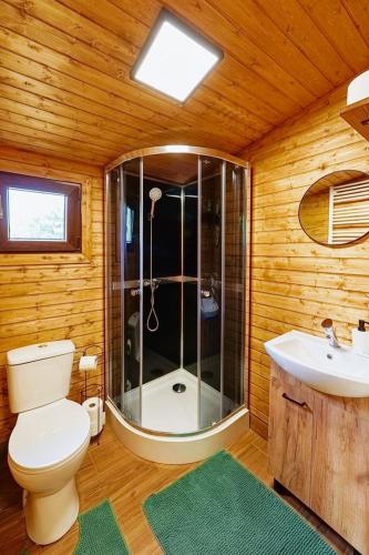 a bathroom with a shower and a toilet and a sink at Domki nad Odrą Wały in Brzeg Dolny