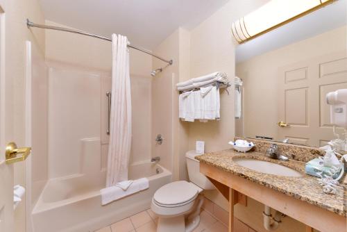 La salle de bains est pourvue de toilettes, d'un lavabo et d'une douche. dans l'établissement Tower Inn and Suites of Guilford / Madison, à Guilford