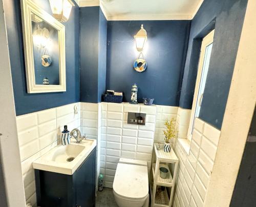 a blue and white bathroom with a toilet and a sink at Stylowy Apartament w sercu Uzdrowiska in Jedlina-Zdrój