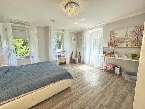 a bedroom with a bed and some windows at Stylowy Apartament w sercu Uzdrowiska in Jedlina-Zdrój
