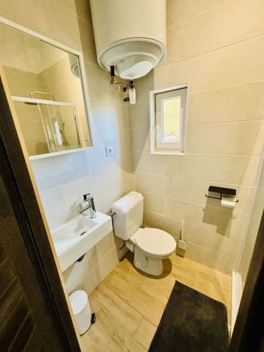 une petite salle de bain avec toilettes et lavabo dans l'établissement Studio de la Lauze, à Bourg-Saint-Andéol