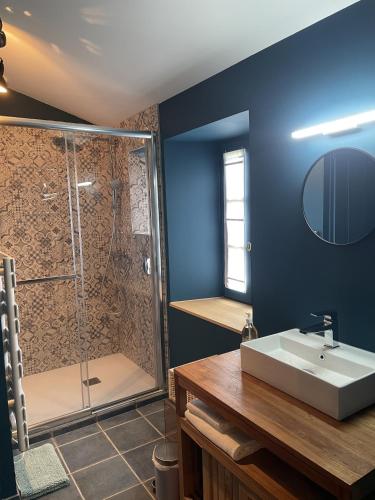 a bathroom with a glass shower and a sink at Chateau de la Vieille Chapelle in Lugon et l’Ile du Carney
