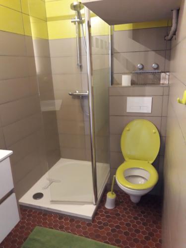 La salle de bains est pourvue d'une douche et de toilettes jaunes. dans l'établissement Appartement tour fondue, à Hyères