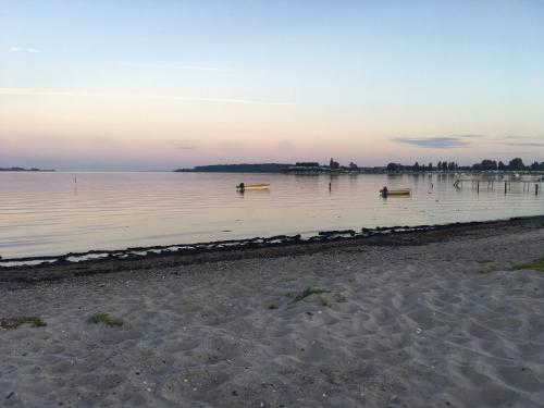 a beach with two boats in the water at Strandhaus direkt am Meer in Haderslev