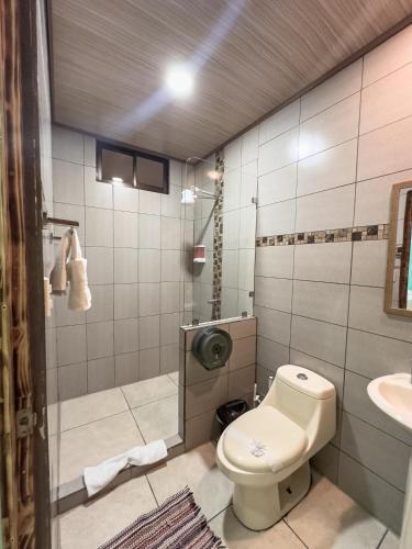 a bathroom with a toilet and a sink at Cabañas Río Escondido en La Fortuna in Fortuna