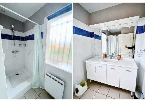 two pictures of a bathroom with a sink and a shower at Pins & Lacs in Biscarrosse