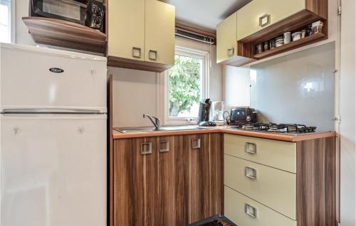 La cuisine est équipée d'un réfrigérateur et d'un évier. dans l'établissement 3 Bedroom Lovely StaCaravan In Sete, à Mèze