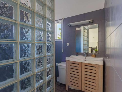une salle de bain avec un lavabo, des toilettes et un miroir dans l'établissement Bel appartement duplex à Ciboure avec terrasse proche golf Nivelle - FR-1-4-696, à Ciboure