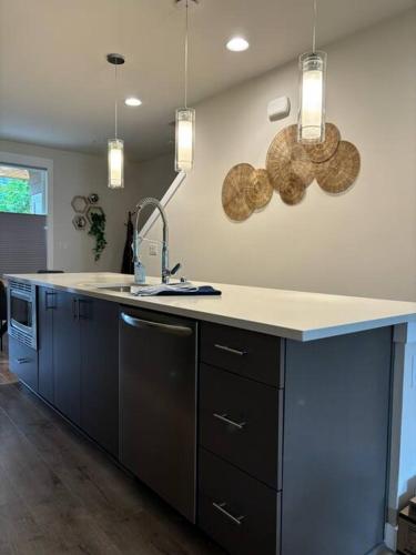 a kitchen with a sink and a counter top at Haven at Greenbridge Close to Airport and Downtown in Seattle