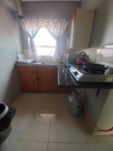 a small kitchen with a sink and a window at Dafel street Guesthouse in Piet Retief