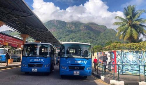 two blue buses are parked at a bus stop at Anne Hillside Apartment in Victoria
