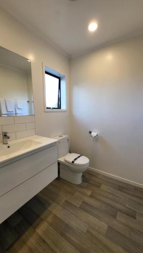 a bathroom with a toilet and a sink and a mirror at Manukau Motor Lodge in Auckland