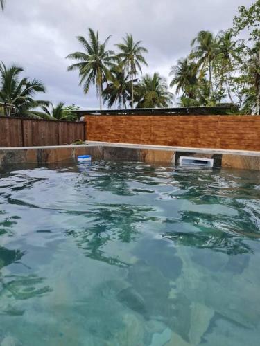 a pool of water with palm trees in the background at Maison du bonheur Moorea in Vairoa