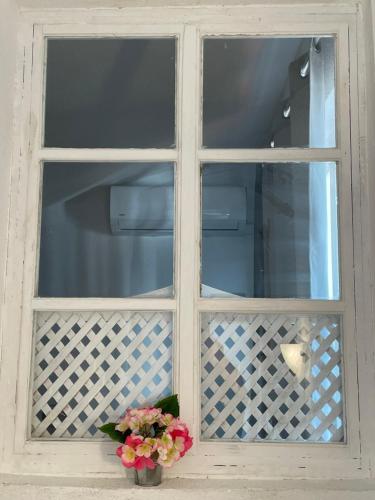 萨拉热窝Sarajevo Cozy Attic - Free Parking的前方有花瓶的窗户