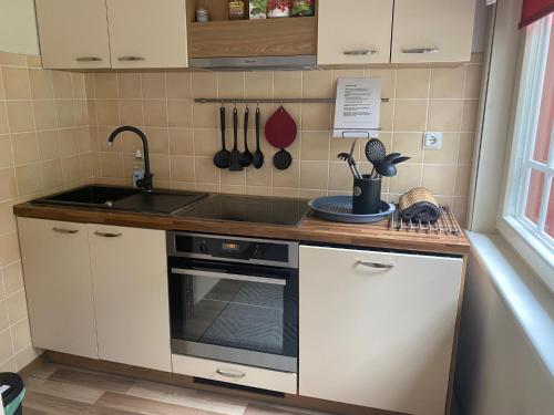 a kitchen with a sink and a stove at Sinisalu Apartments in Käsmu
