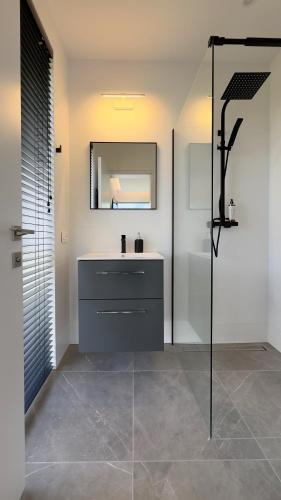 a bathroom with a sink and a mirror at Vila Vida in Palanga