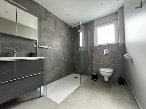a bathroom with a shower and a toilet and a sink at Le Charles Pierre in La Ferté-Saint-Aubin