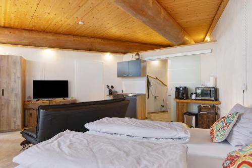a living room with a bed and a television at Albchalet in Rosenfeld