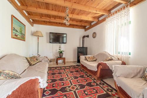 a living room with two couches and a flat screen tv at Traditional Stonehouse in the Village in Megáli Vrísi