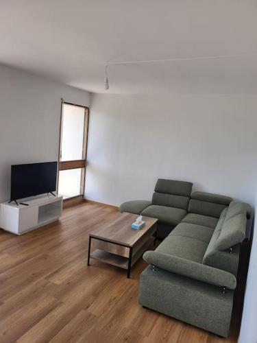 un salon avec un canapé et une télévision dans l'établissement charmant appartement bien situé, au Mans