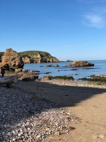 a beach with rocks and the ocean with a blue at Piazza Verdi B&B in Vasto