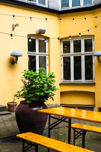 a yellow building with two benches and a potted plant at Good Morning City Copenhagen Star in Copenhagen