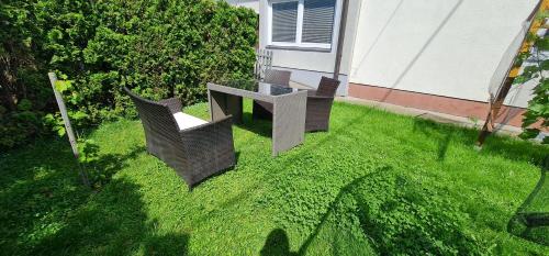 a yard with two chairs and a table on the grass at Losensteinleiten Naturglanz Apartment in Losensteinleithen