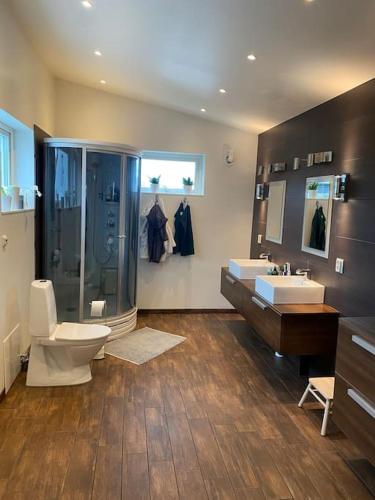 a bathroom with a shower and a toilet and a sink at Modern villa i Sävedalen in Gothenburg