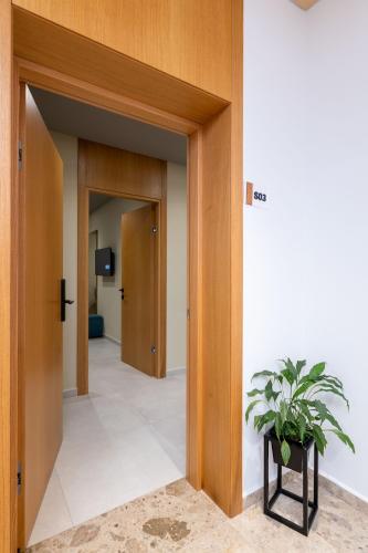 a hallway with two doors and a potted plant at Franklin Rooms in Sarandë