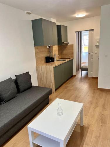 un salon avec un canapé et une table dans l'établissement Appartement de charme au cœur de la vielle ville, à Villefranche-sur-Mer