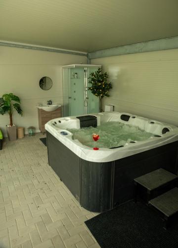 a large bathroom with a jacuzzi tub with at Zsófi Vendégház in Szekszárd