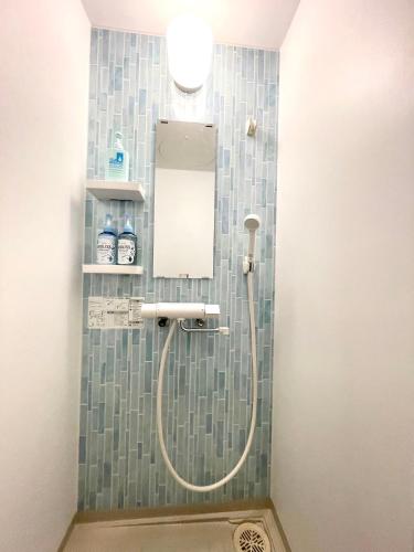 a bathroom with a shower with a mirror at Little Garden in Otaru