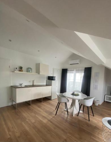 a kitchen and dining room with a table and chairs at Apartma Špela in Slivnica pri Mariboru