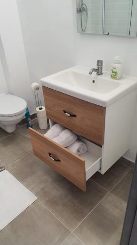a bathroom with a sink and a toilet at La Ana Apartament in Şelimbăr
