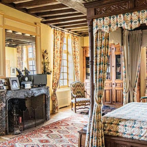 une chambre avec un lit et une cheminée dans l'établissement Château d'Ardenay sur merize, à Ardenay-sur-Mérize
