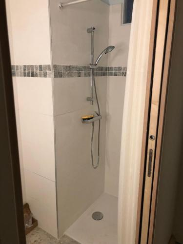 une douche avec une porte vitrée dans une salle de bain dans l'établissement Le Regina Studio 5p mer parking, au Grau-du-Roi