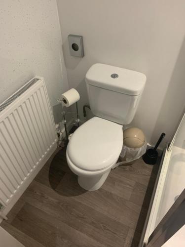 a bathroom with a white toilet in a room at Ocean Bay in Blackpool